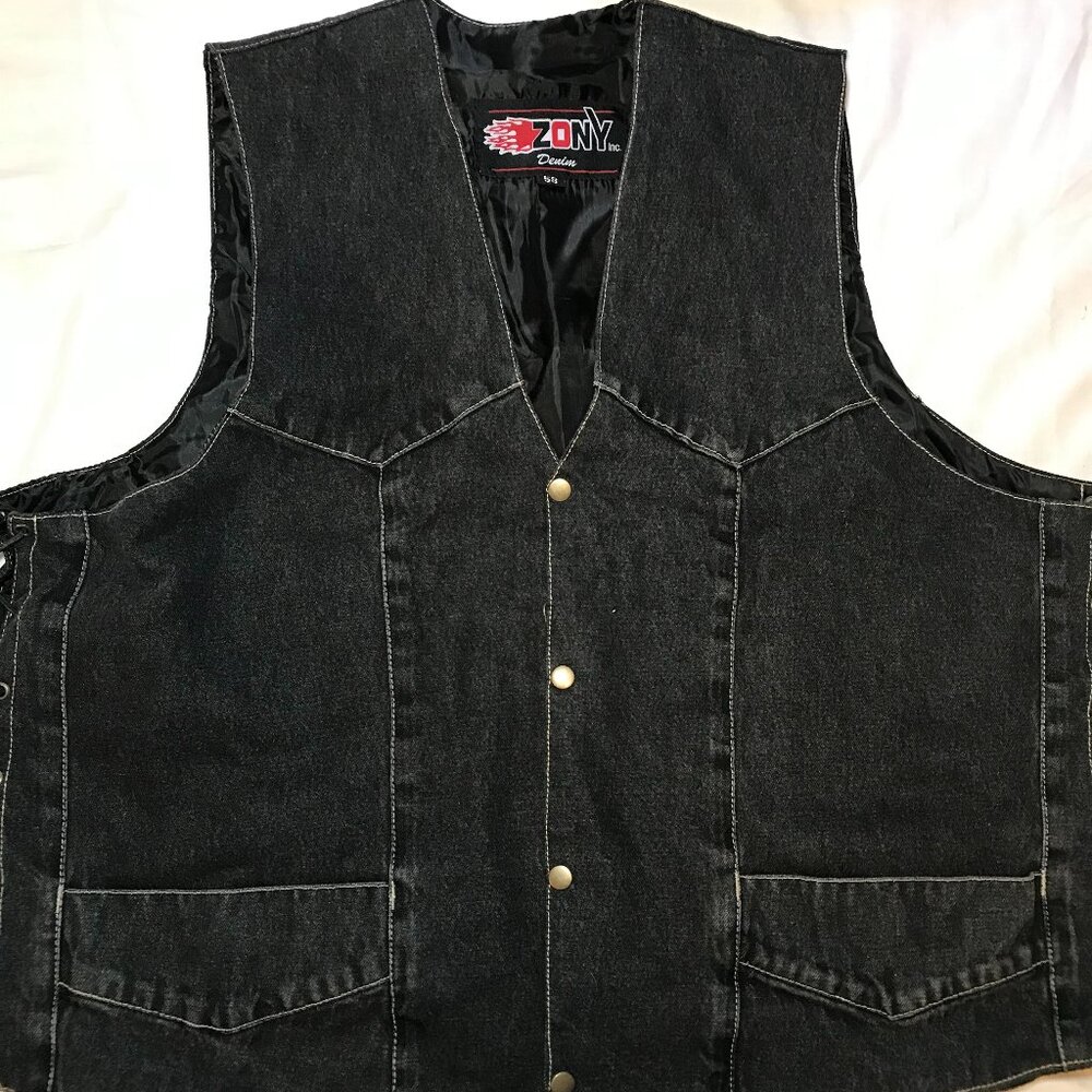 Share Zony Men's Black Lined Denim Vest Size 58 Lace Up Sides Biker